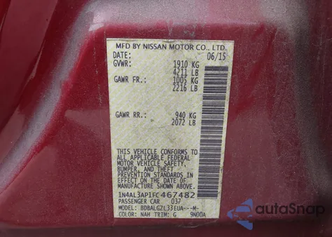 2015 Nissan Altima 2.5 S z USA, uszkodzony, nr VIN 1N4AL3AP1FC467482